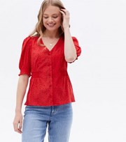 New Look Red Heart Crepe V Neck Puff Sleeve Blouse